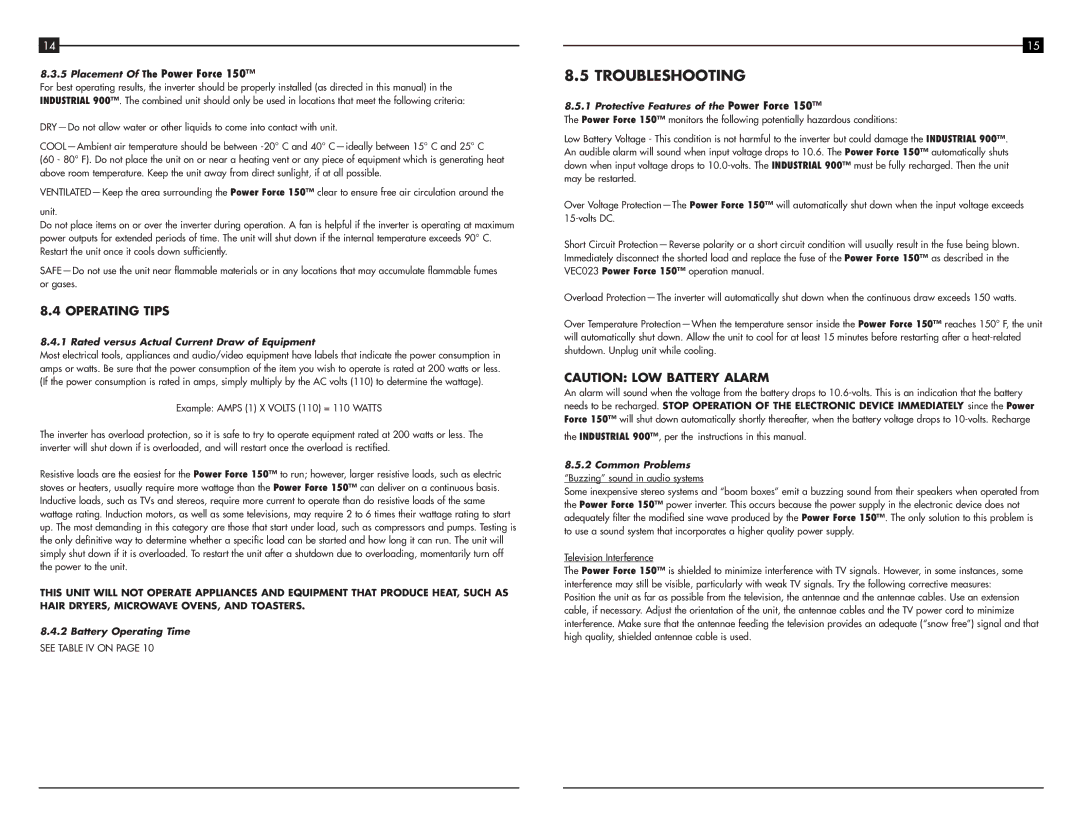 Vector VEC021AC, VEC023 owner manual Troubleshooting, Operating Tips 