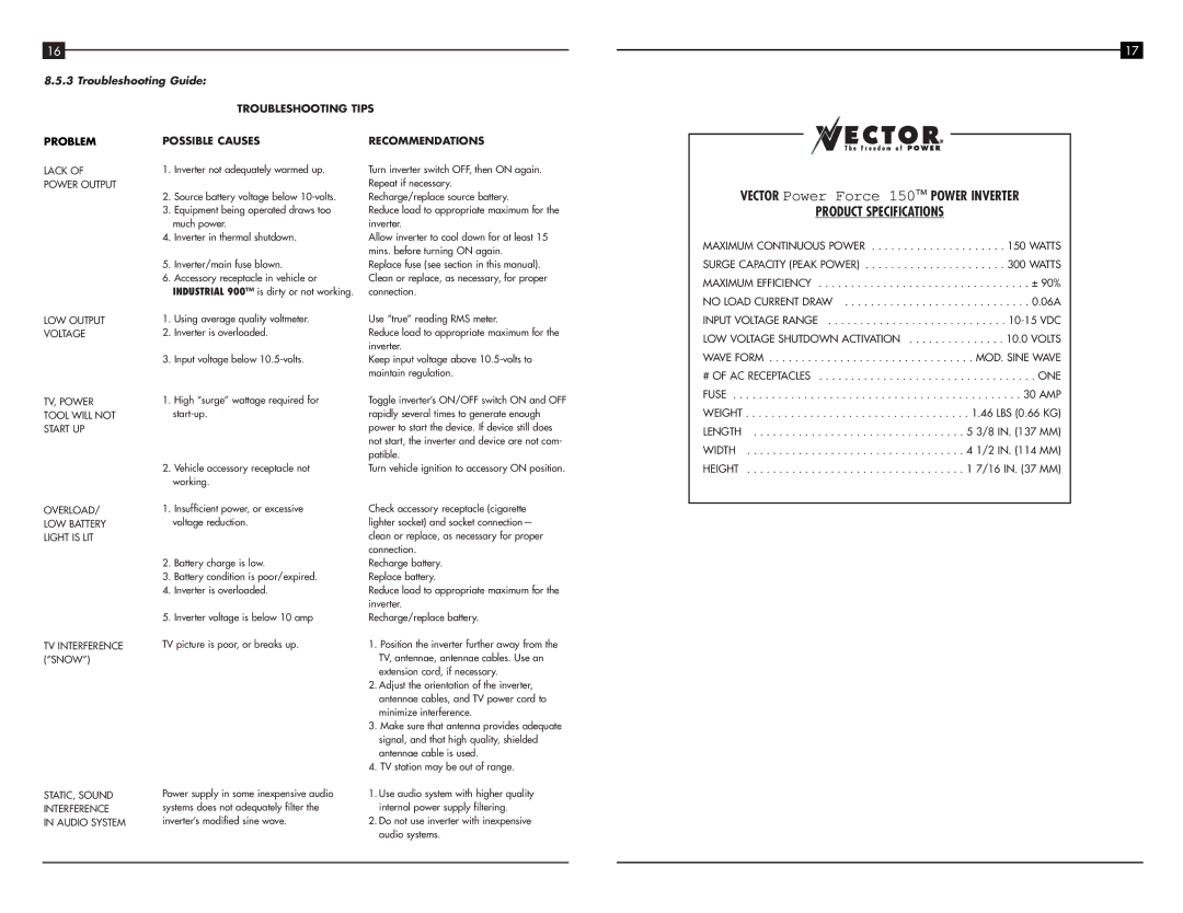 Vector VEC023 Product Specifications, Troubleshooting Guide, LOW Output Voltage TV, Power Tool will not Start UP, Length 