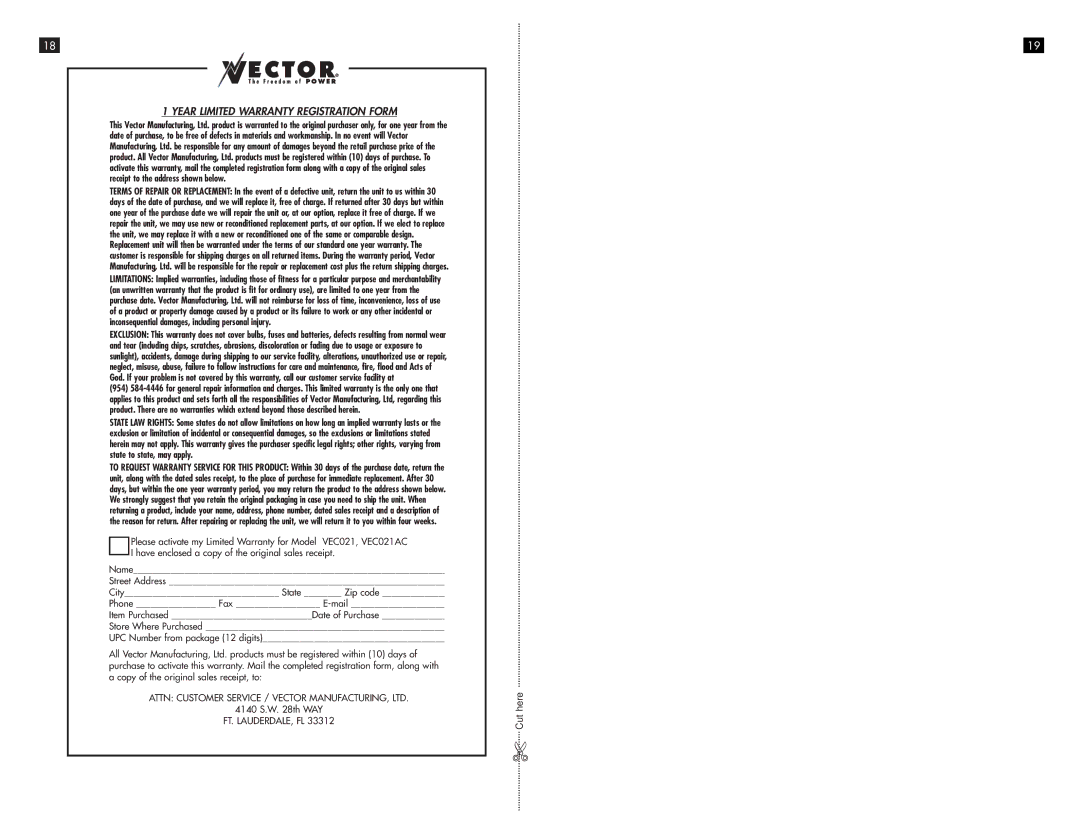 Vector VEC023, VEC021AC owner manual Year Limited Warranty Registration Form, Ft. Lauderdale, Fl 