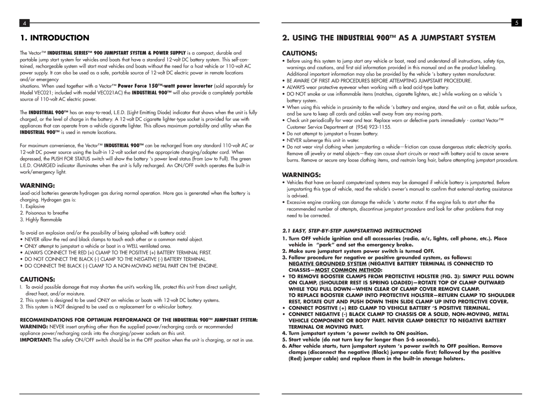 Vector VEC023, VEC021 Using the Industrial 900 AS a Jumpstart System, EASY, STEP-BY-STEP Jumpstarting Instructions 