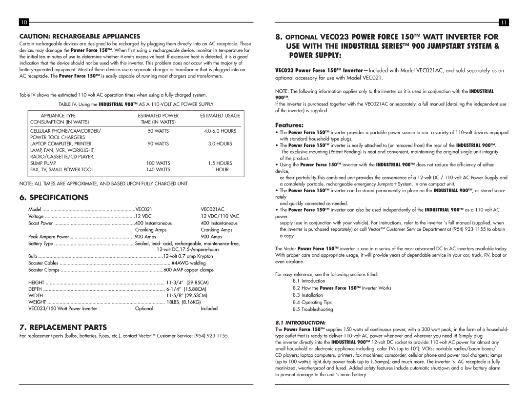 Vector VEC023, VEC021AC owner manual Specifications, Replacement Parts, Introduction 