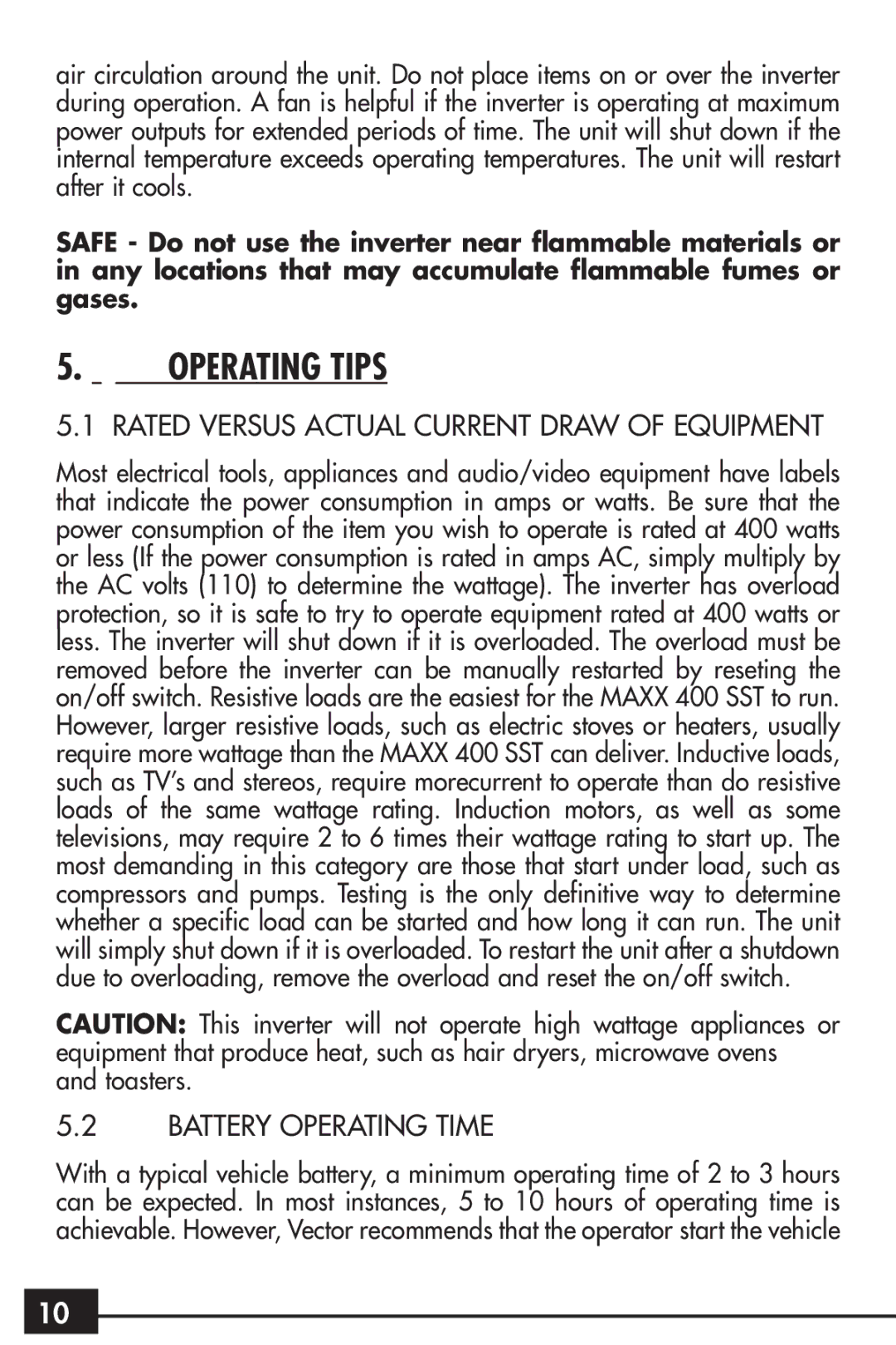 Vector VEC024 owner manual Operating Tips, Rated Versus Actual Current Draw of Equipment, Battery Operating Time 