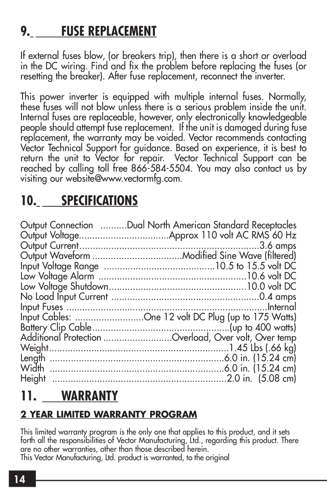 Vector VEC024 owner manual Fuse Replacement, Specifications, Warranty 