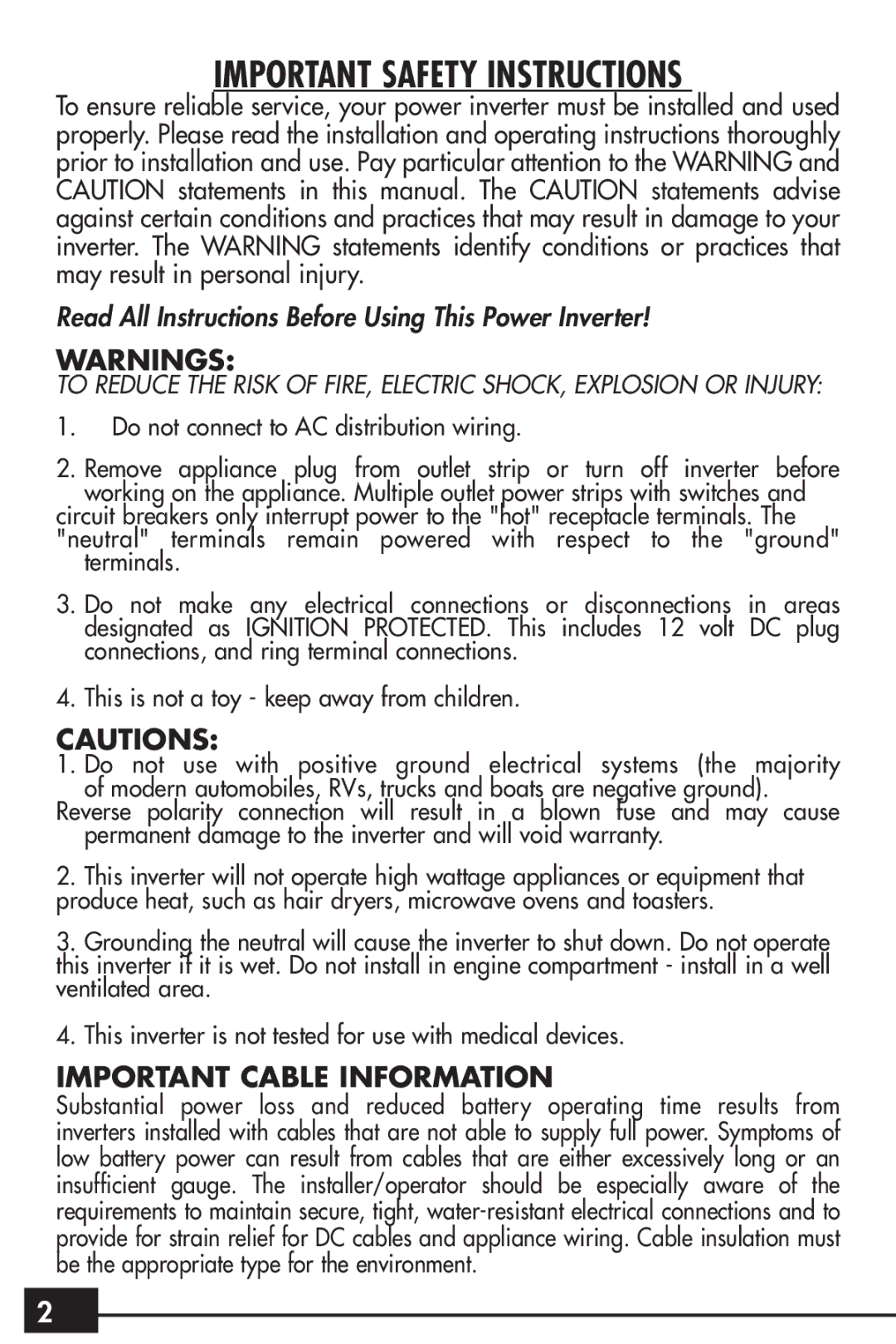 Vector VEC024 owner manual Important Safety Instructions, Read All Instructions Before Using This Power Inverter 