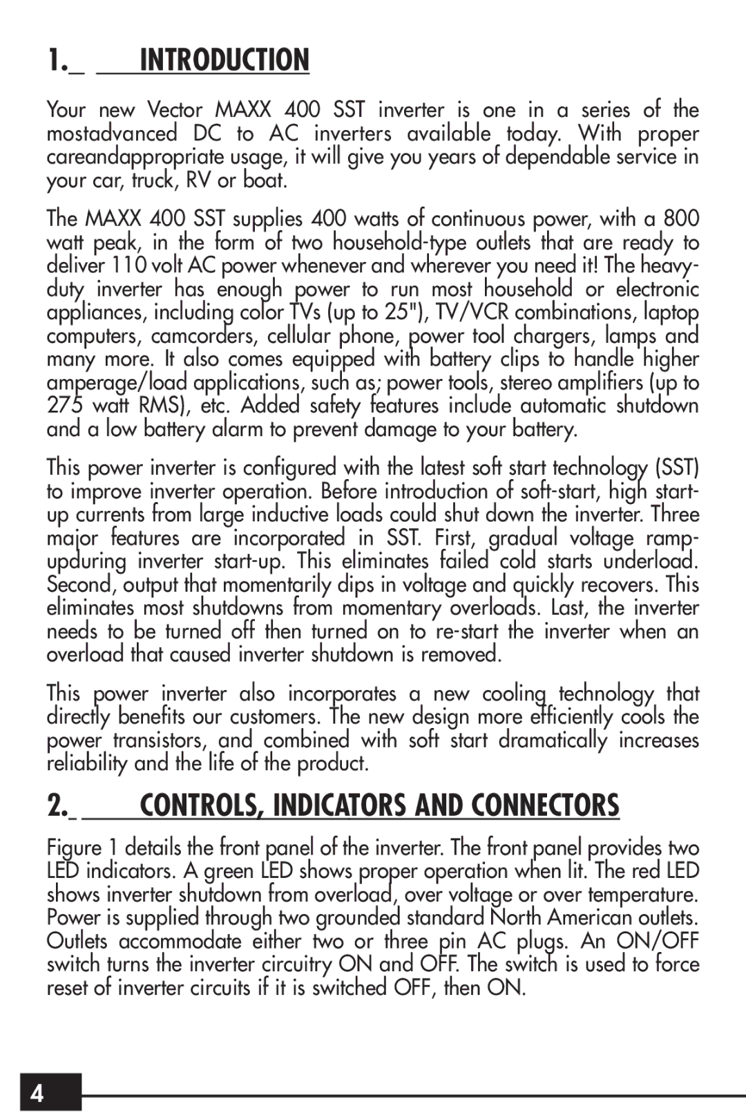 Vector VEC024 owner manual Introduction, CONTROLS, Indicators and Connectors 