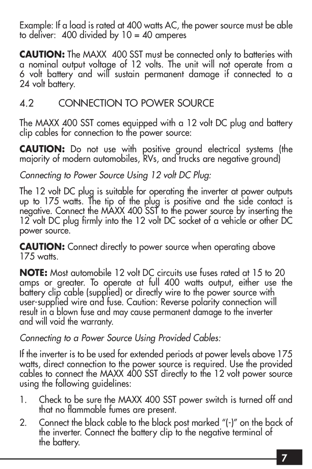 Vector VEC024 owner manual Connection to Power Source, Connecting to Power Source Using 12 volt DC Plug 