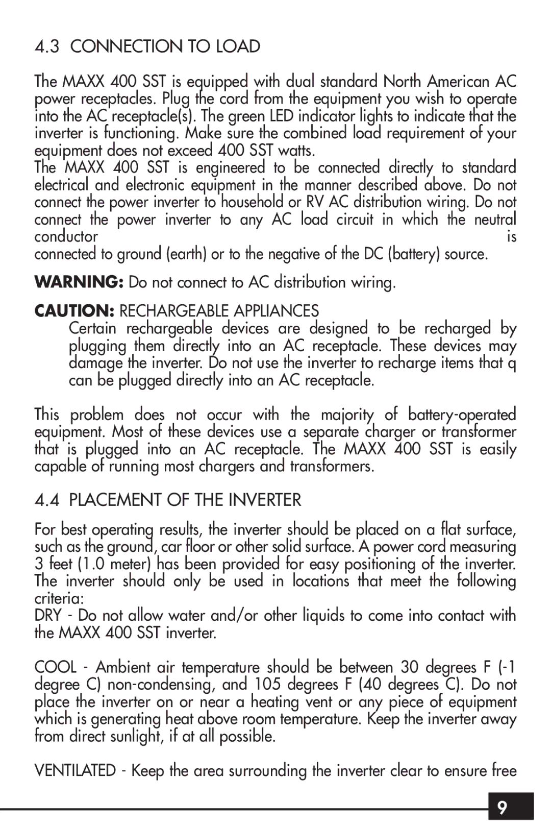 Vector VEC024 owner manual Connection to Load, Placement of the Inverter 