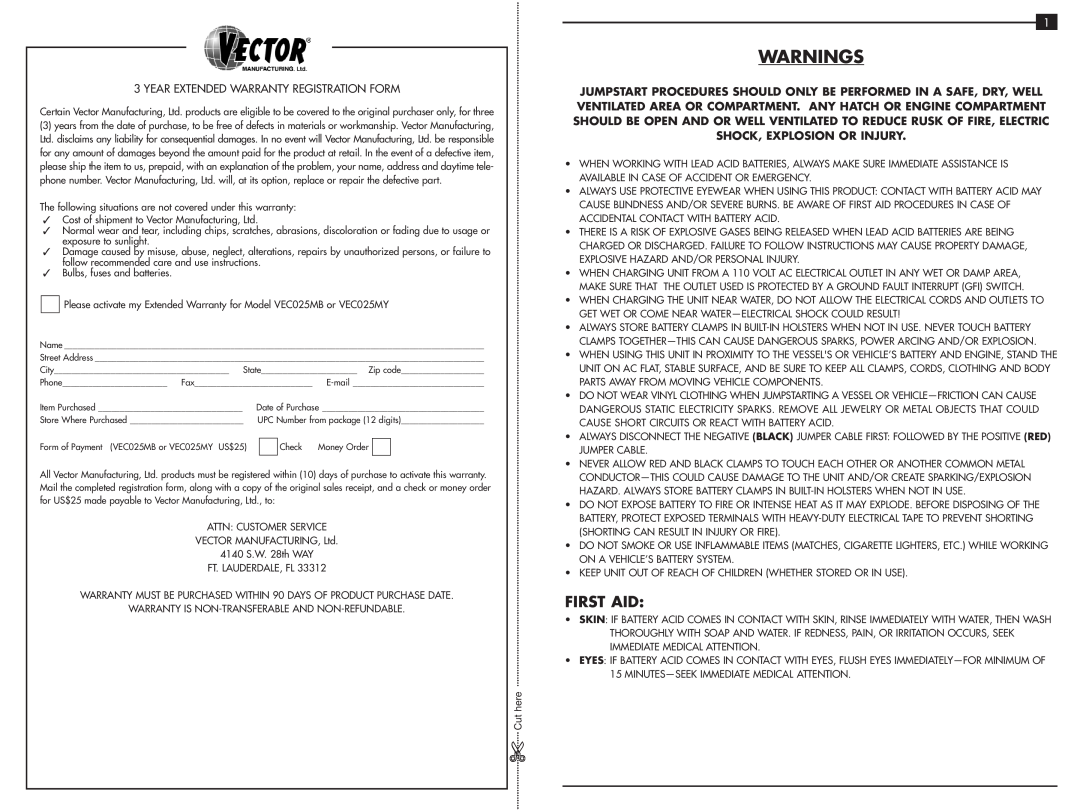 Vector VEC025MY, VEC025MB owner manual Warnings, First Aid, Year Extended Warranty Registration Form 
