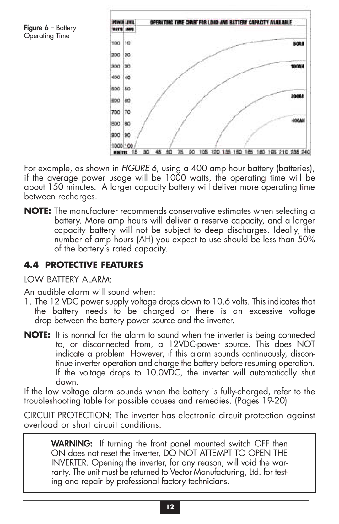 Vector VEC049C owner manual Protective Features, LOW Battery Alarm 