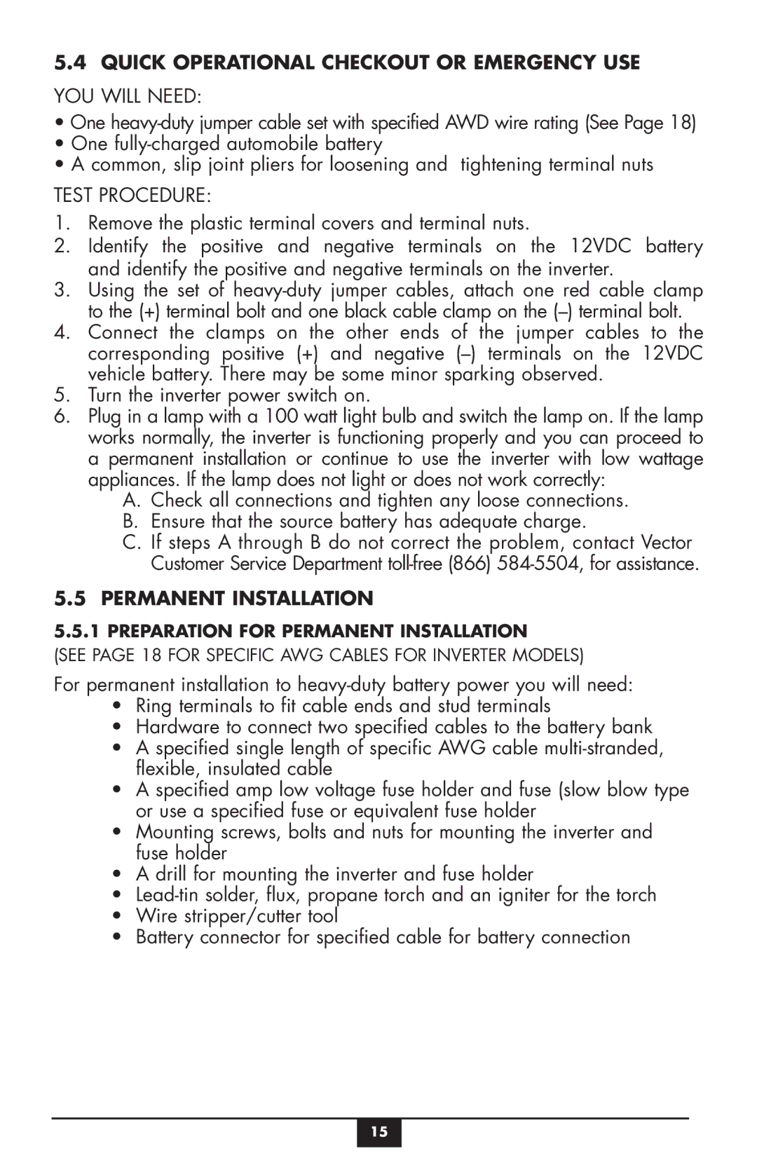 Vector VEC049C Quick Operational Checkout or Emergency USE, YOU will Need, Test Procedure, Permanent Installation 