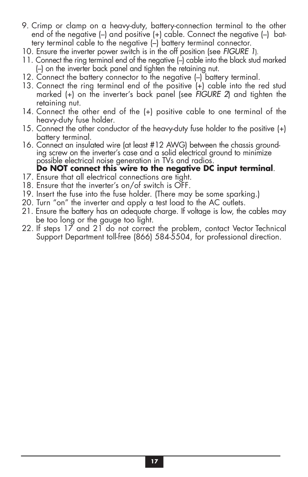 Vector VEC049C owner manual Do not connect this wire to the negative DC input terminal 