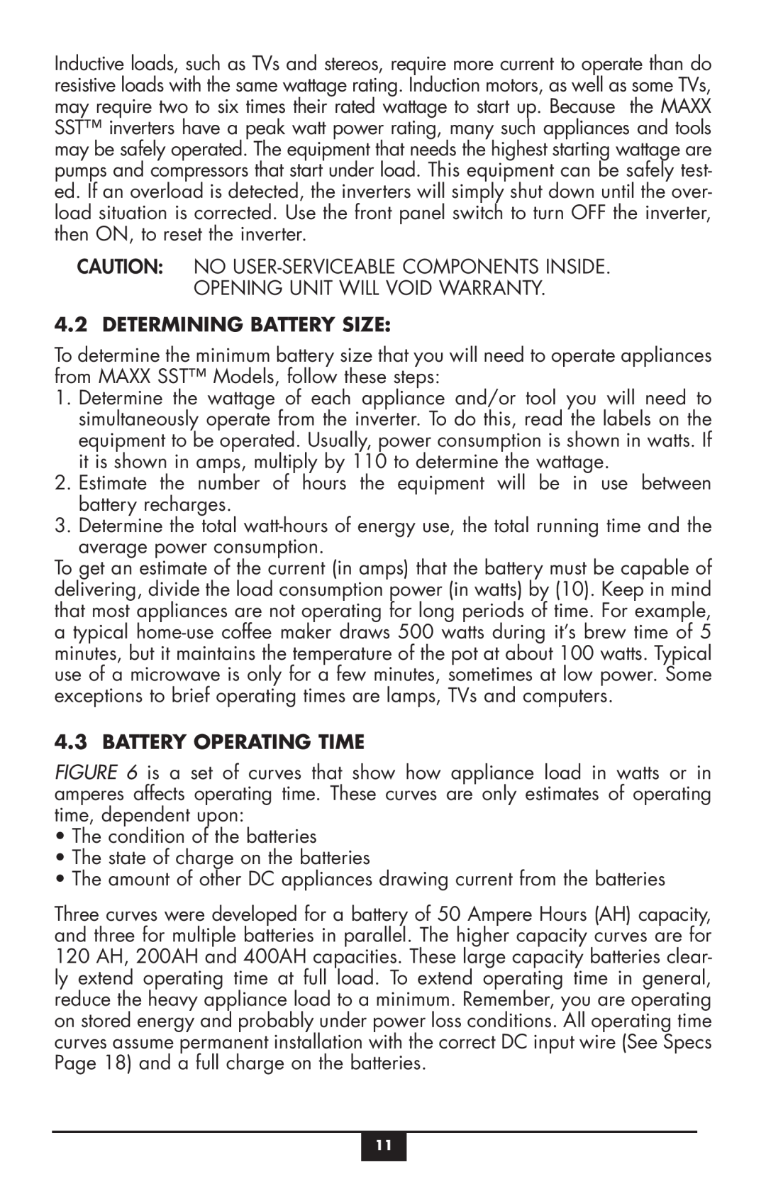 Vector VEC049C owner manual Determining Battery Size, Battery Operating Time 