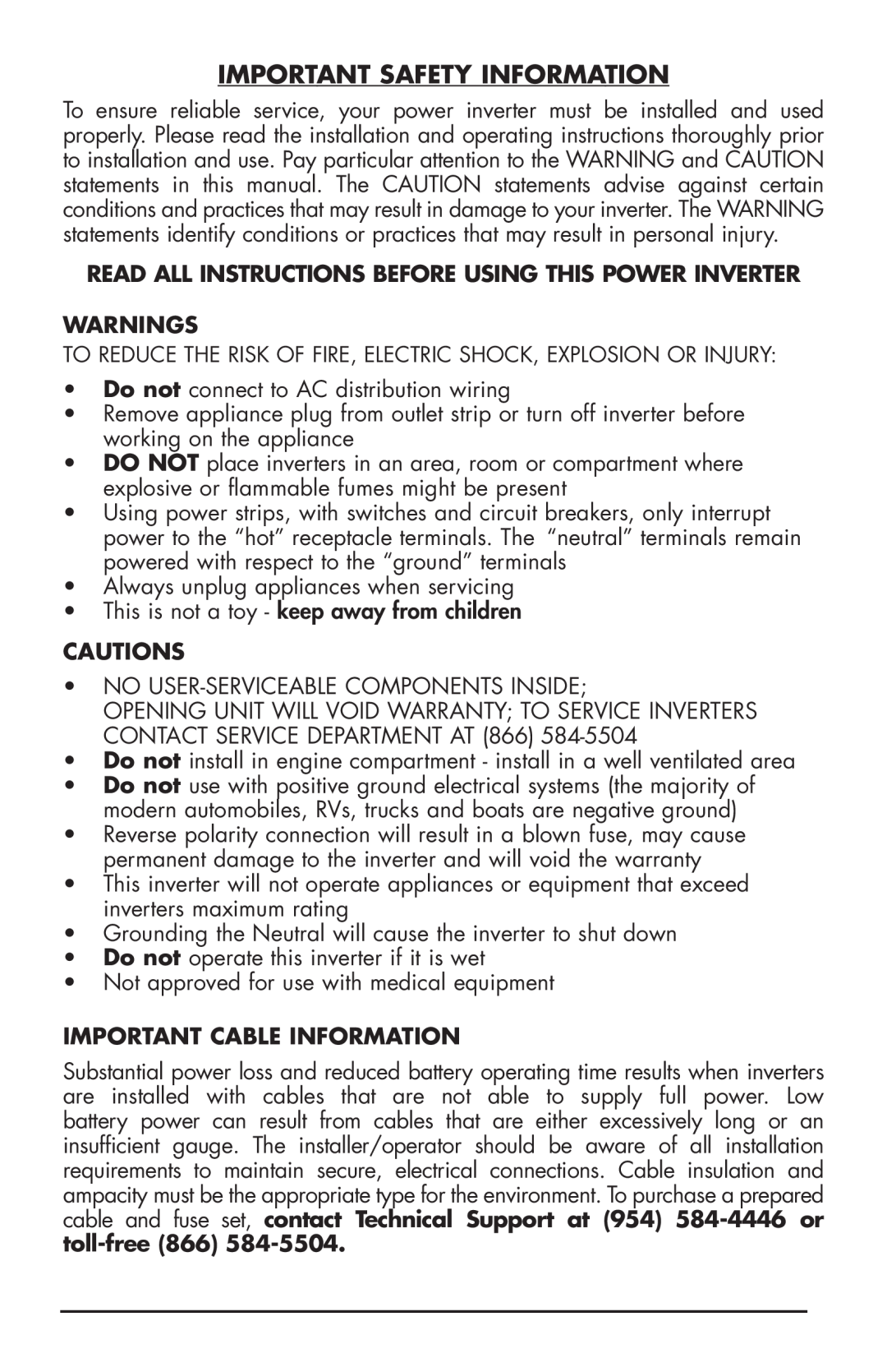 Vector VEC049C owner manual Important Safety Information, Warnings, Cautions, Important Cable Information 