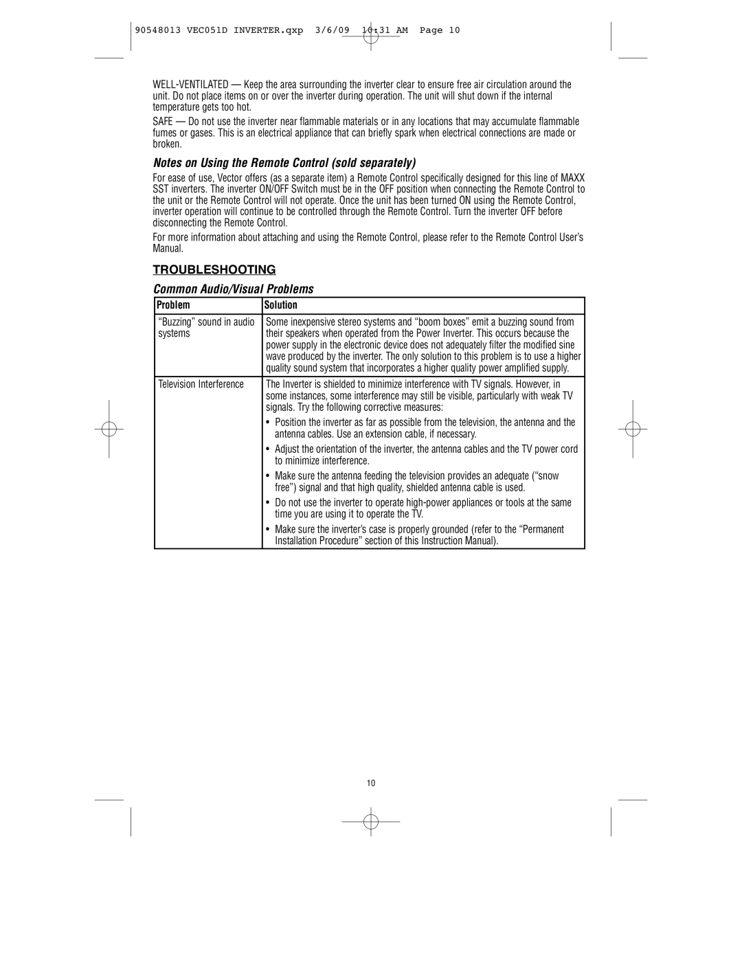 Vector VEC051D owner manual Troubleshooting, Common Audio/Visual Problems, Problem Solution 