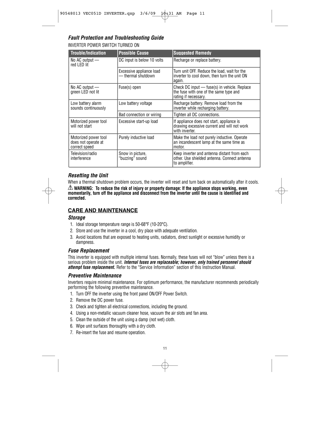 Vector VEC051D owner manual Fault Protection and Troubleshooting Guide, Resetting the Unit, Care and Maintenance, Storage 