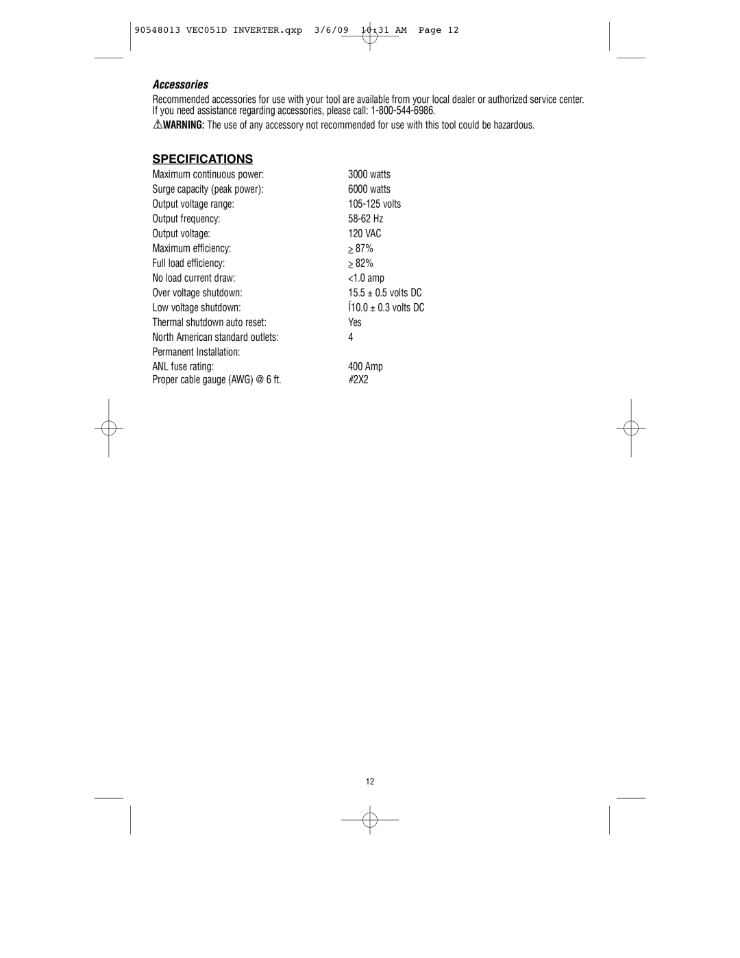 Vector VEC051D owner manual Accessories, Specifications 