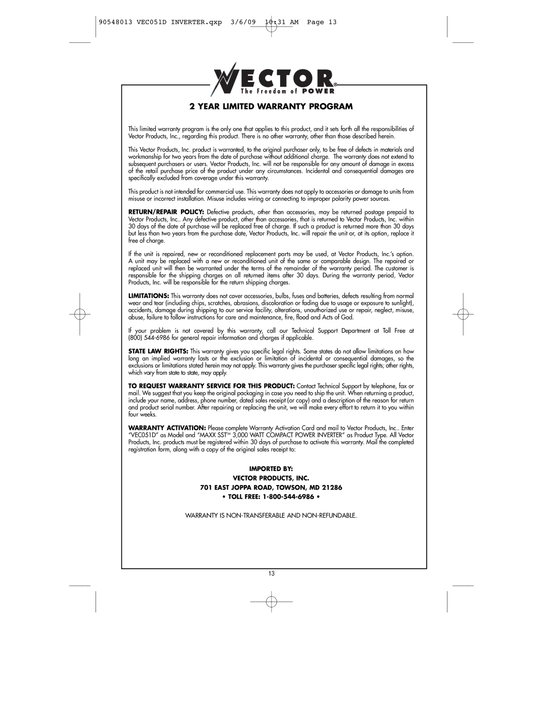 Vector VEC051D owner manual Year Limited Warranty Program 