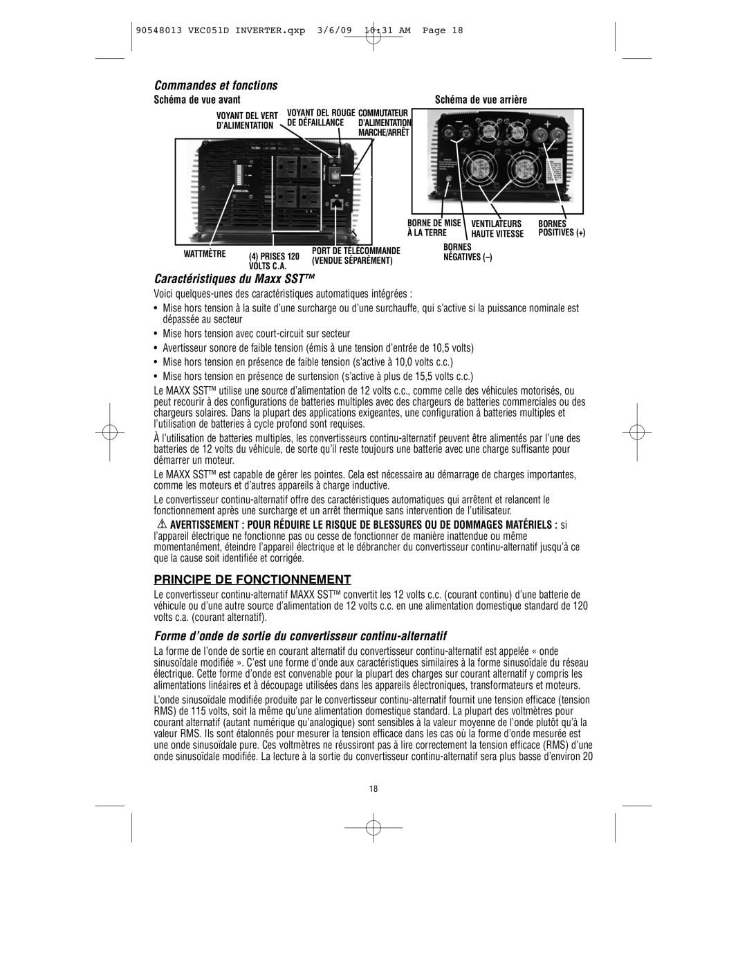 Vector VEC051D owner manual Commandes et fonctions, Caractéristiques du Maxx SST, Principe DE Fonctionnement 