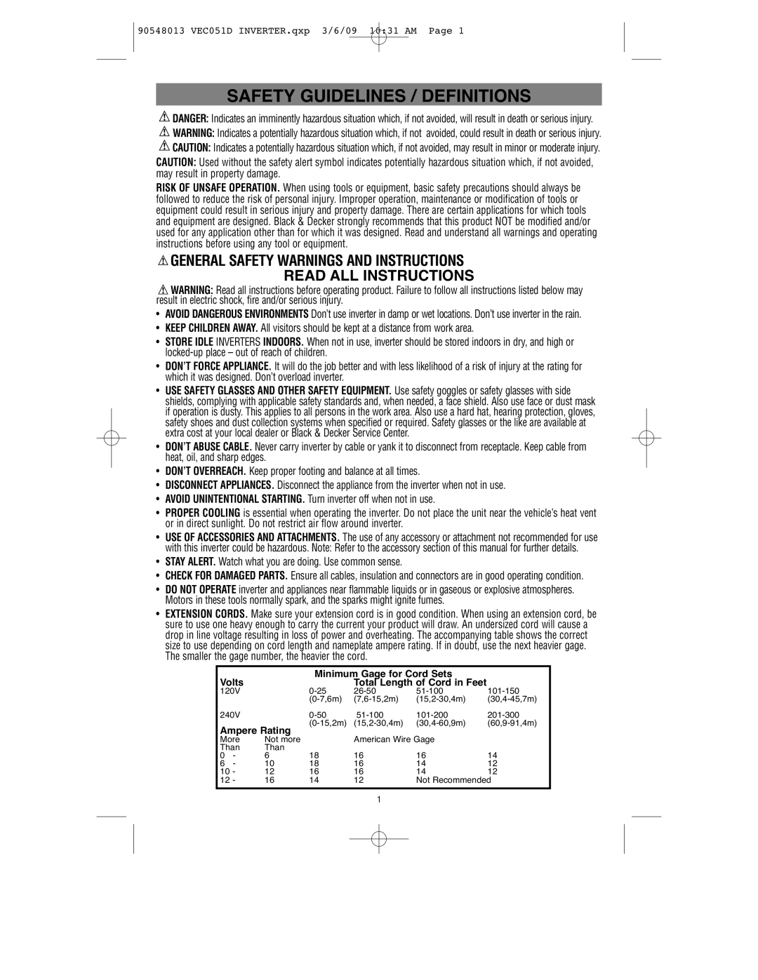 Vector VEC051D owner manual Safety Guidelines / Definitions, Volts Minimum Gage for Cord Sets 