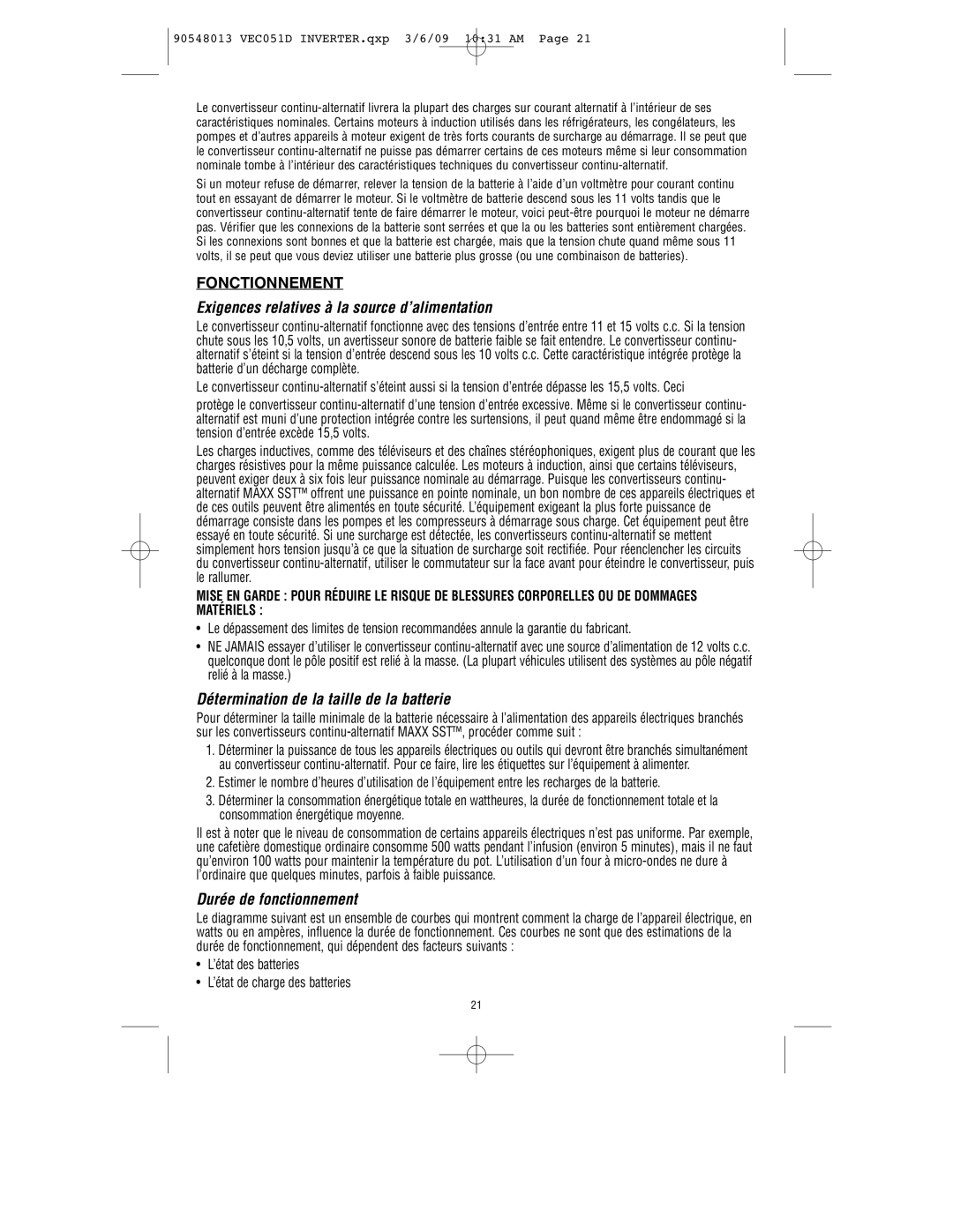 Vector VEC051D Fonctionnement, Exigences relatives à la source d’alimentation, Détermination de la taille de la batterie 