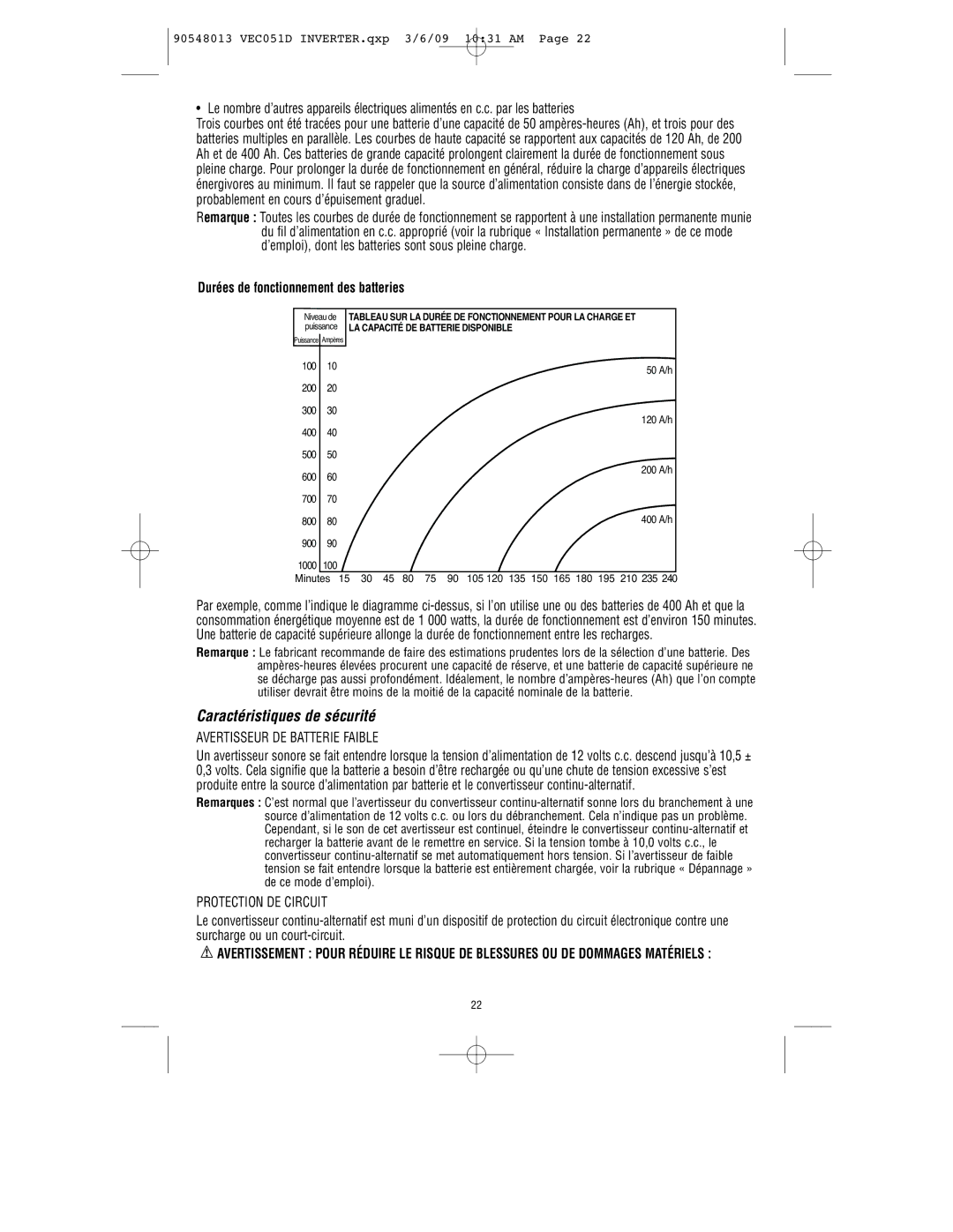 Vector VEC051D owner manual Caractéristiques de sécurité, Durées de fonctionnement des batteries 