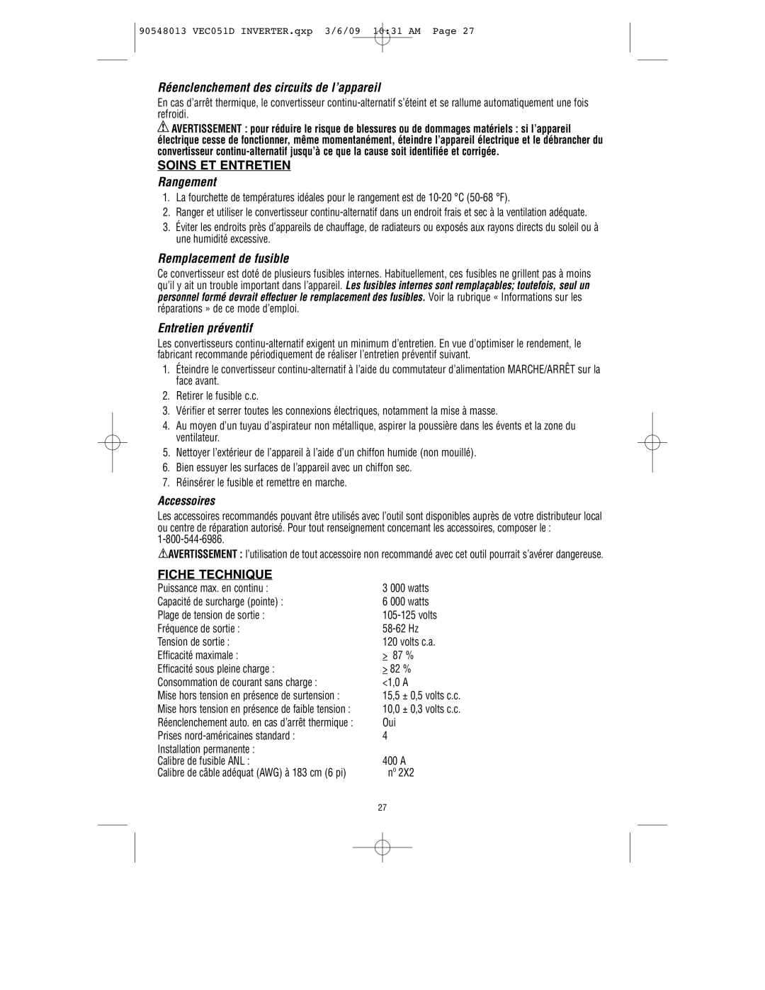 Vector VEC051D Réenclenchement des circuits de l’appareil, Rangement, Remplacement de fusible, Entretien préventif 