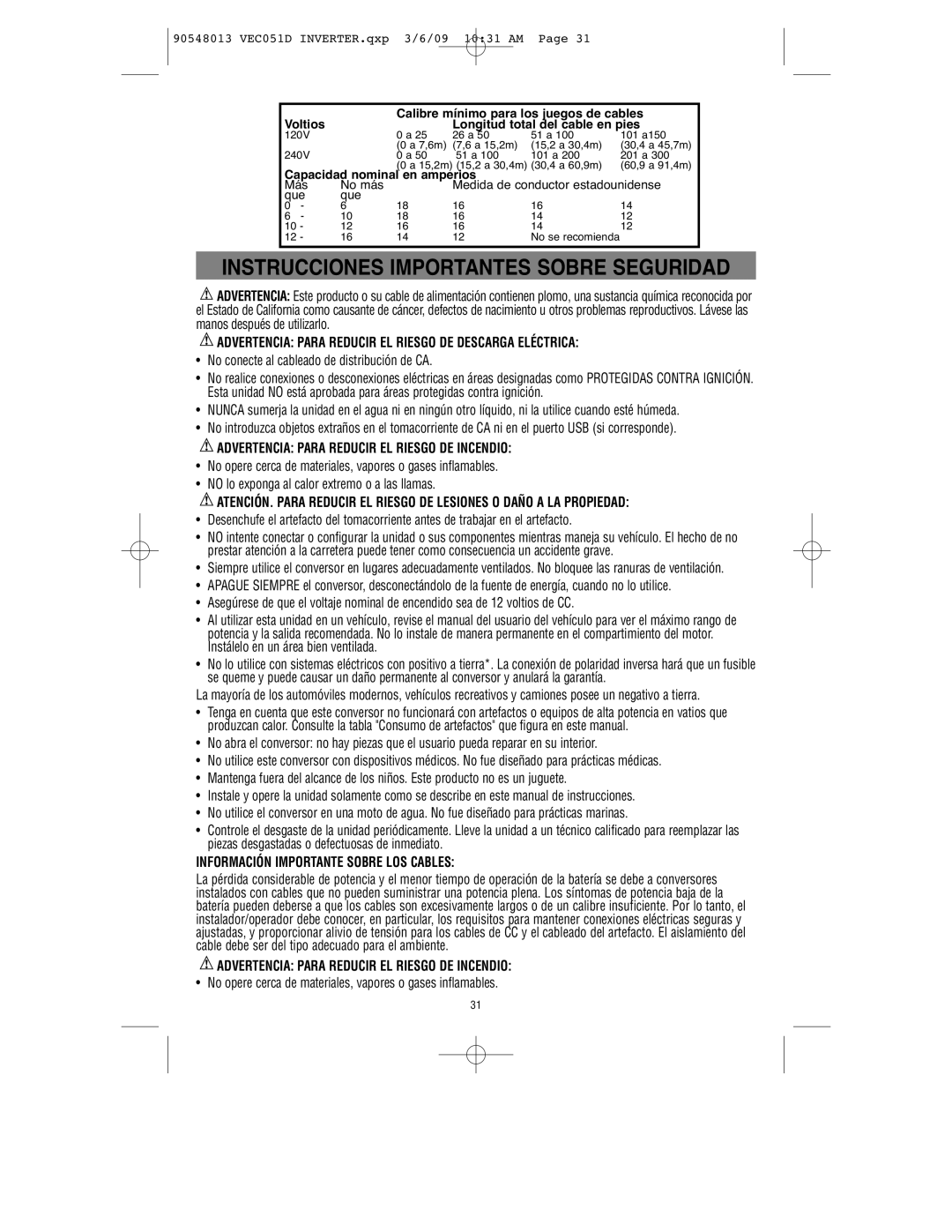 Vector VEC051D Instrucciones Importantes Sobre Seguridad, Advertencia Para Reducir EL Riesgo DE Descarga Eléctrica 