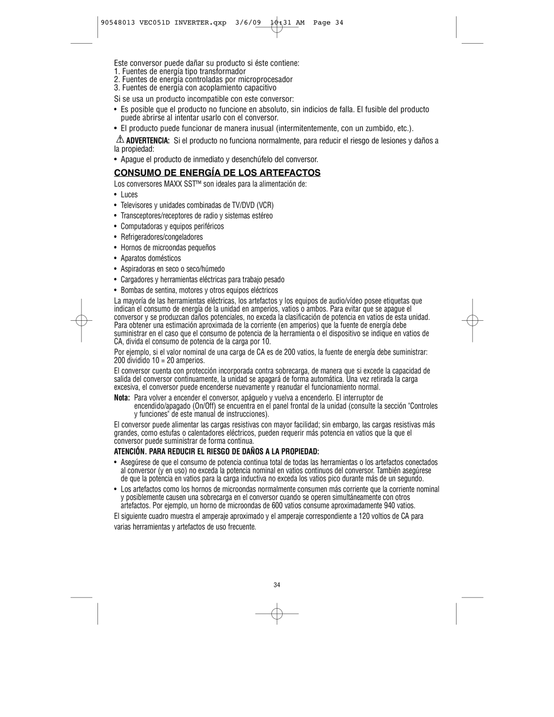 Vector VEC051D owner manual Consumo DE Energía DE LOS Artefactos, ATENCIÓN. Para Reducir EL Riesgo DE Daños a LA Propiedad 