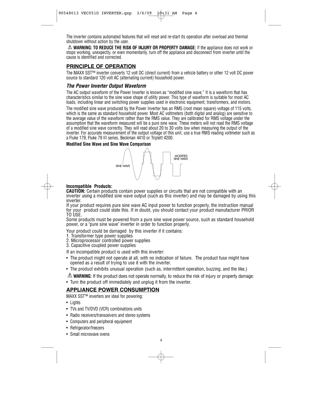 Vector VEC051D owner manual Principle of Operation, Power Inverter Output Waveform, Appliance Power Consumption 