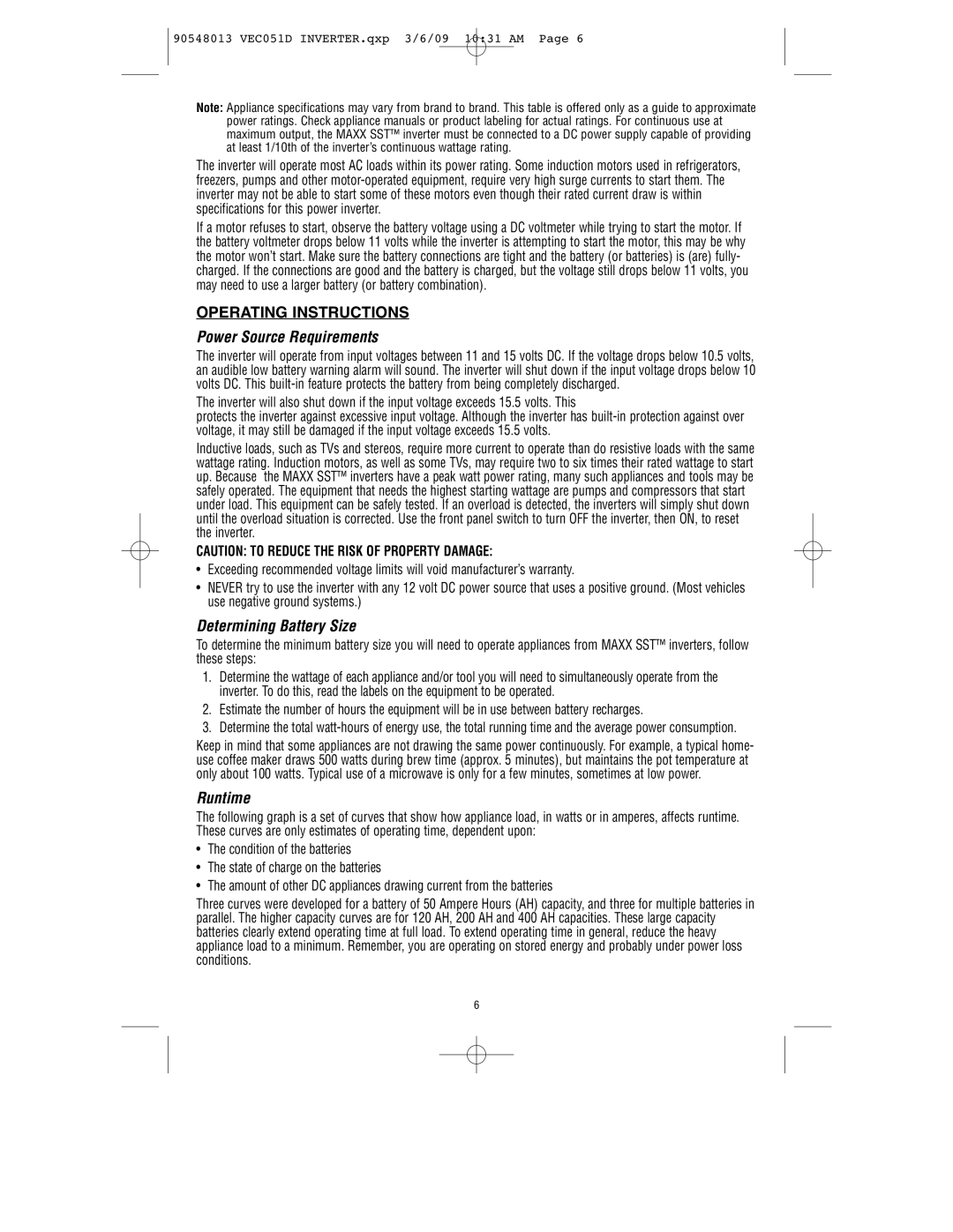 Vector VEC051D owner manual Operating Instructions, Power Source Requirements, Determining Battery Size, Runtime 