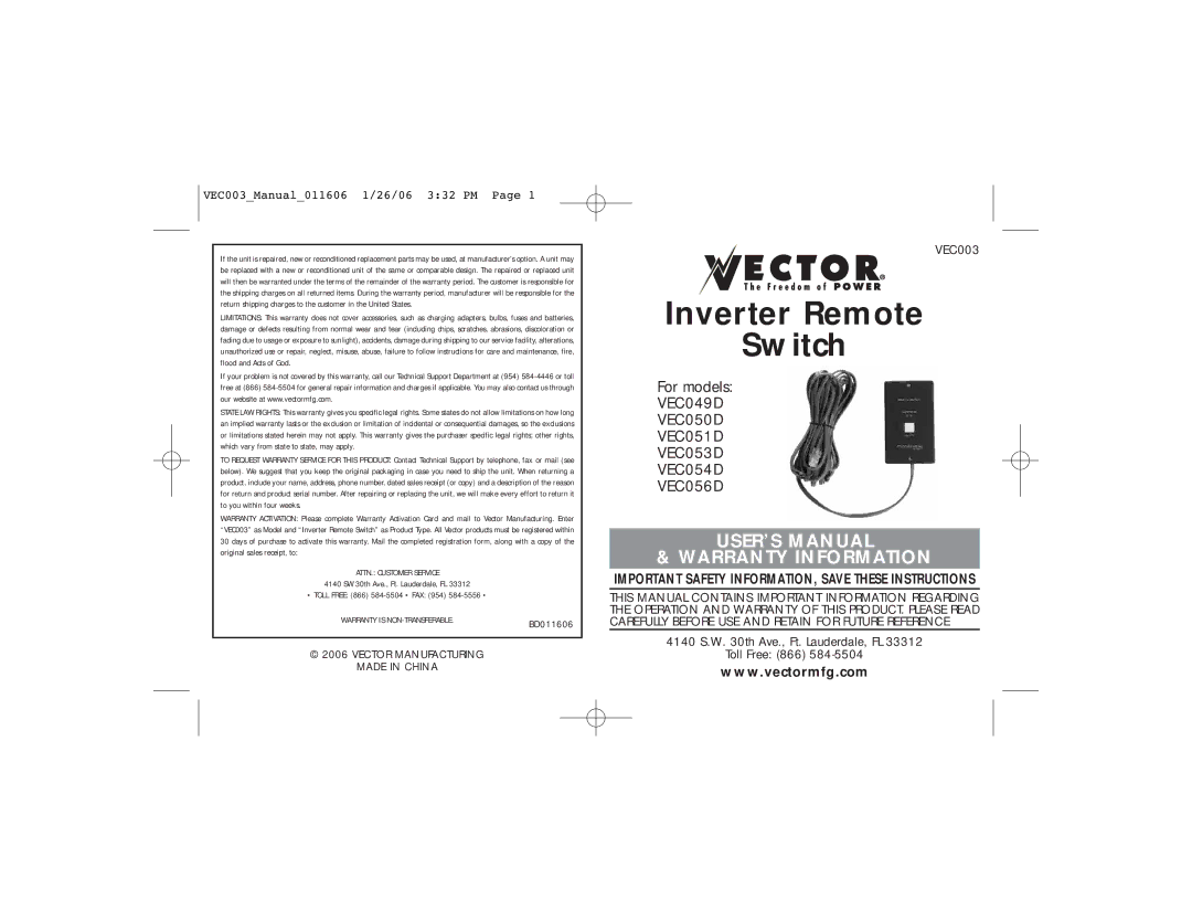 Vector VEC050D, VEC053D, VEC054D, VEC049D, VEC051D, VEC056D user manual Inverter Remote Switch 