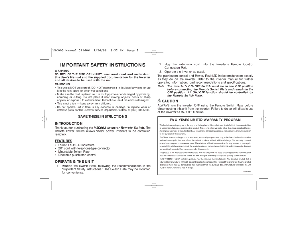 Vector VEC054D, VEC053D, VEC050D, VEC049D, VEC051D, VEC056D user manual Introduction, Features, Operating the Unit 