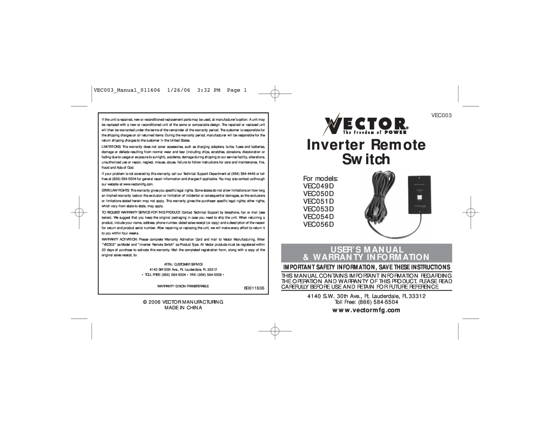Vector VEC050D, VEC053D, VEC054D, VEC049D, VEC051D user manual VEC003Manual011606 1/26/06 332 PM Page, Inverter Remote Switch 