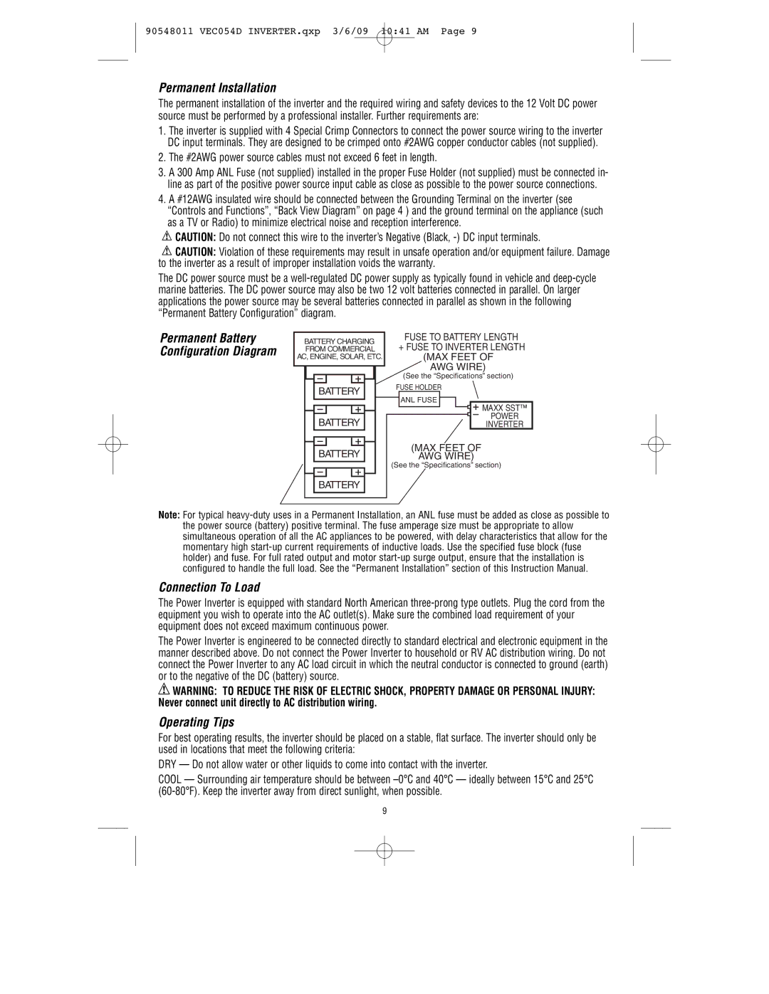 Vector VEC054D owner manual Permanent Installation, Connection To Load, Operating Tips 