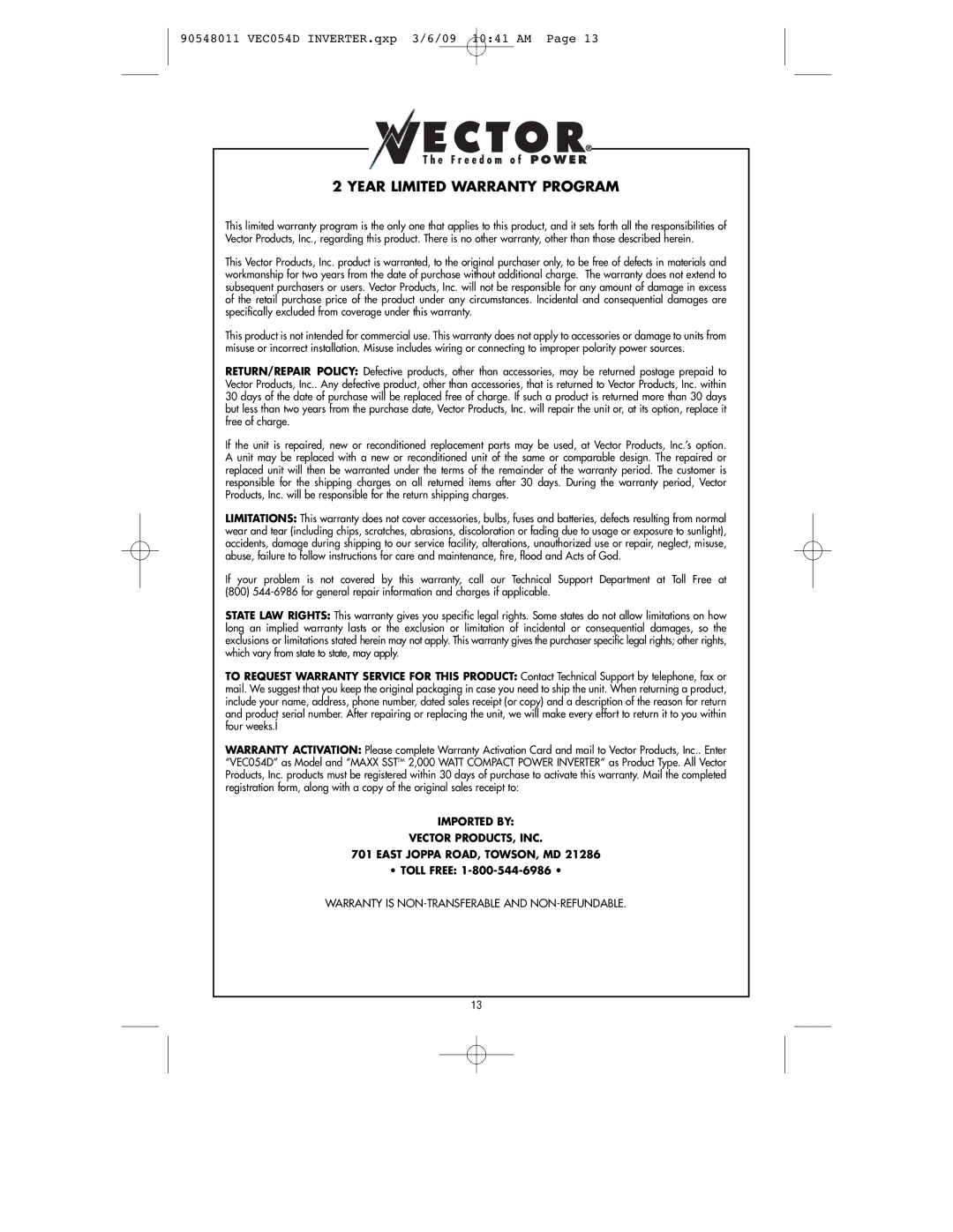 Vector VEC054D owner manual Year Limited Warranty Program 