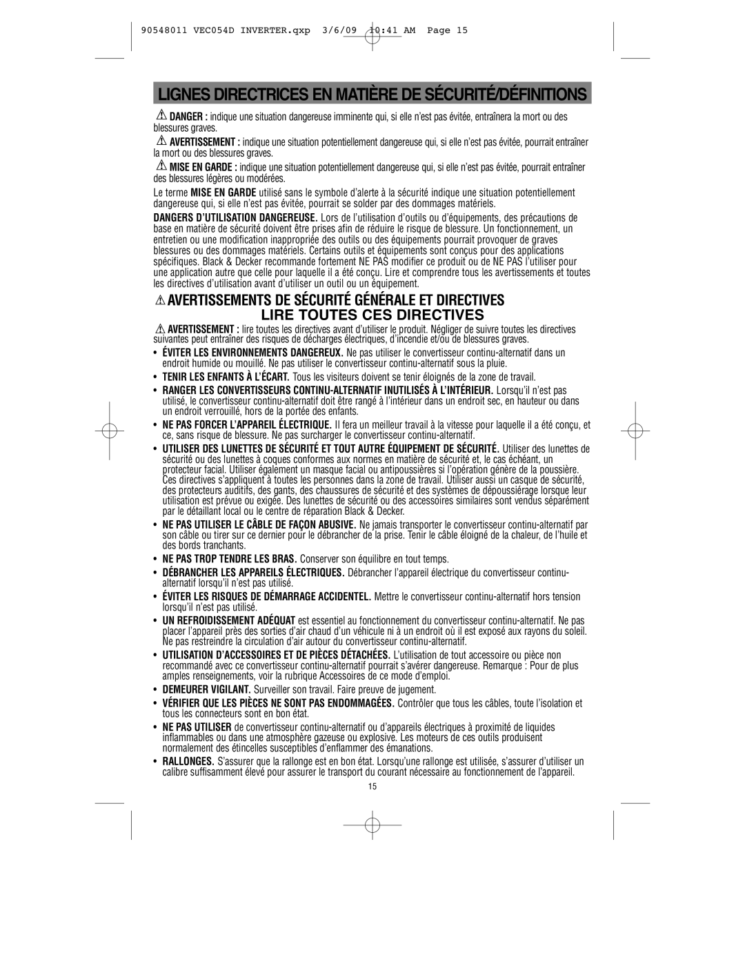 Vector VEC054D owner manual Lignes Directrices EN Matière DE SÉCURITÉ/DÉFINITIONS 