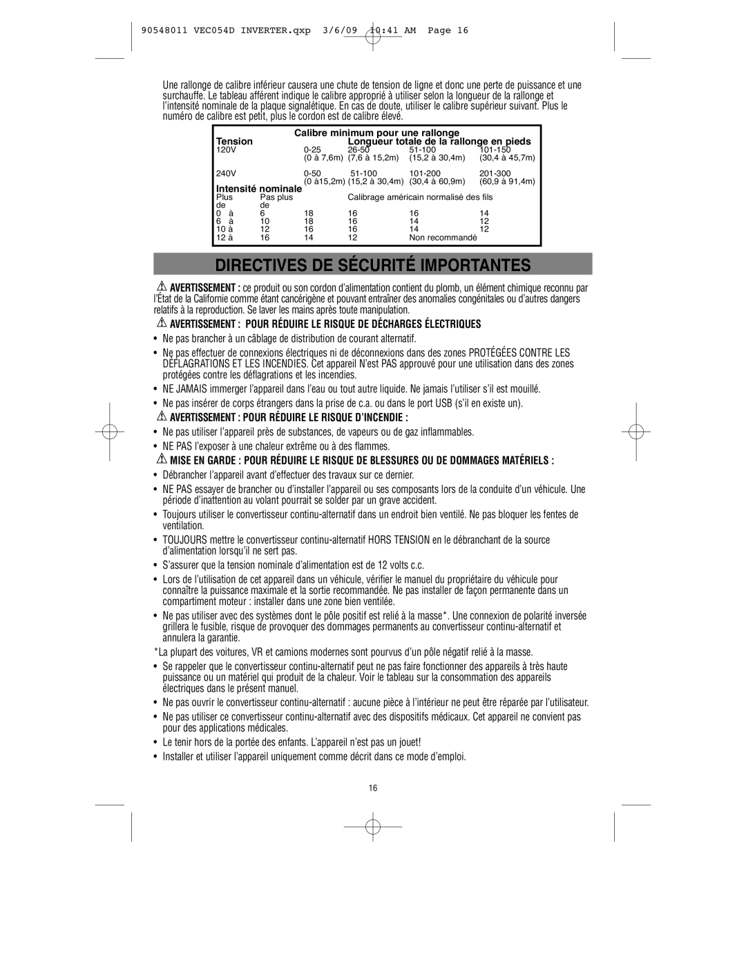 Vector VEC054D owner manual Directives DE Sécurité Importantes, Avertissement Pour Réduire LE Risque D’INCENDIE 