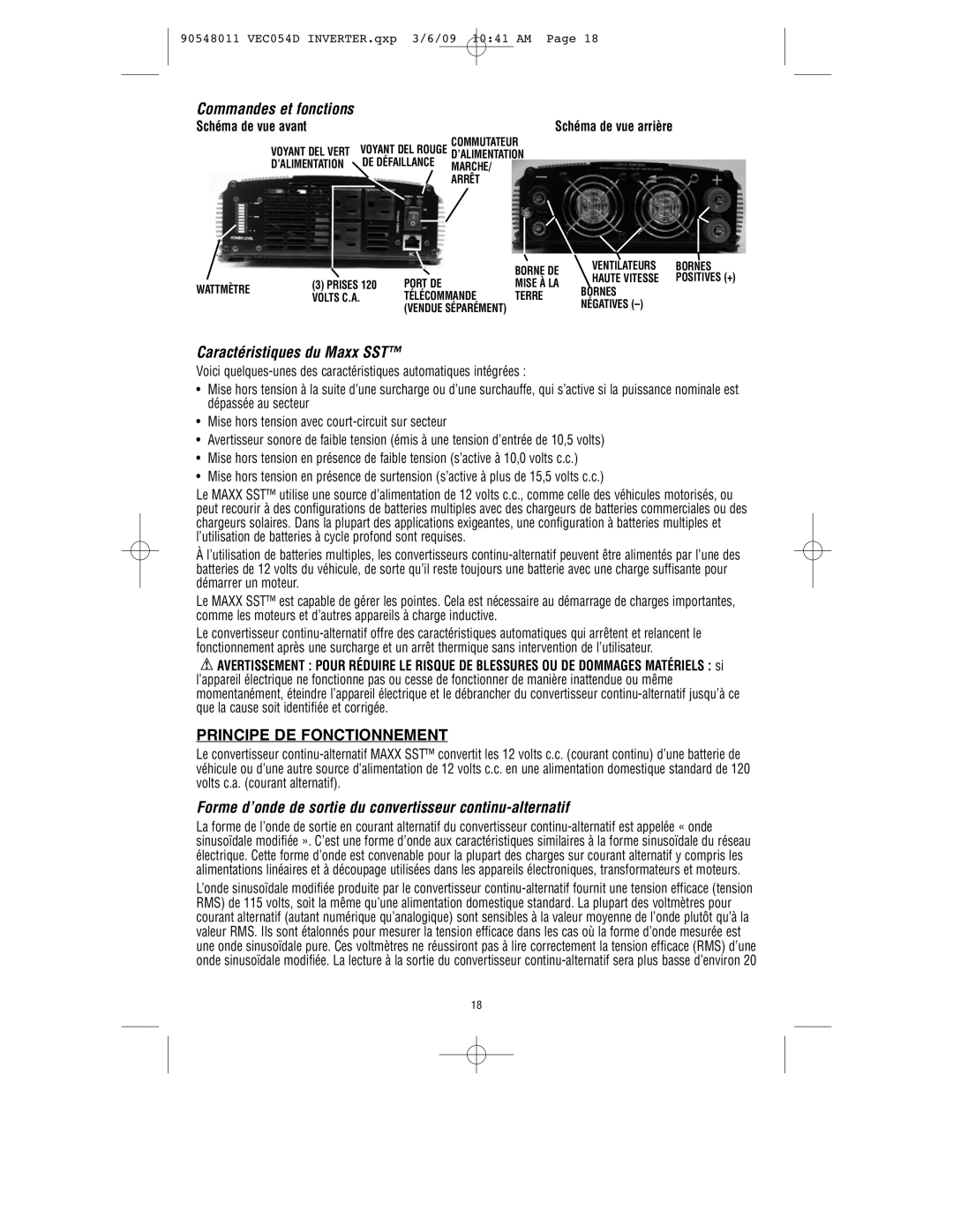 Vector VEC054D Commandes et fonctions, Caractéristiques du Maxx SST, Principe DE Fonctionnement, Schéma de vue avant 