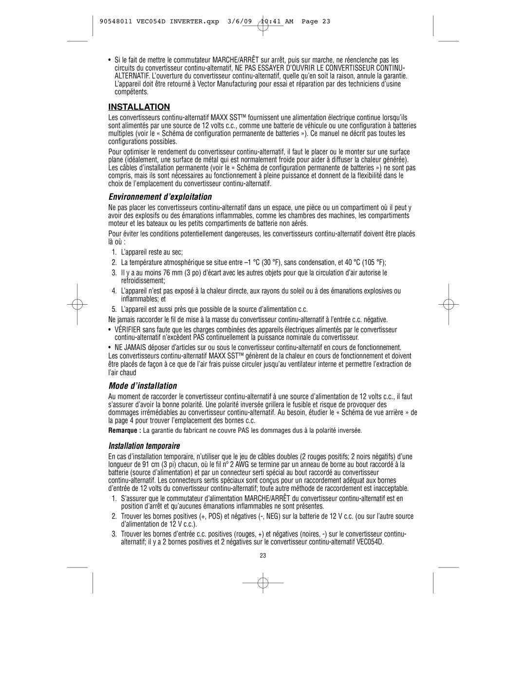 Vector VEC054D owner manual Environnement d’exploitation, Mode d’installation, Installation temporaire 