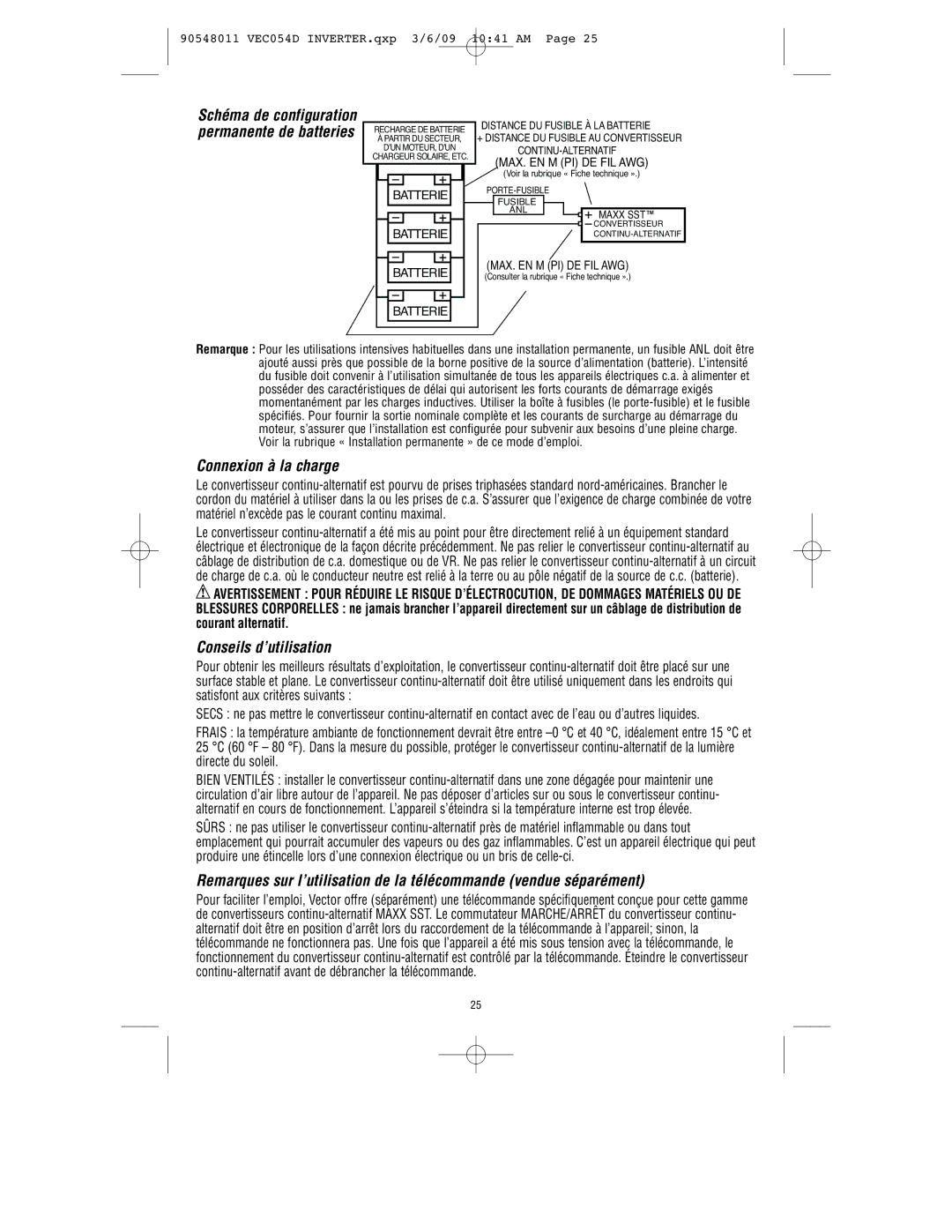 Vector VEC054D owner manual Connexion à la charge, Conseils d’utilisation 