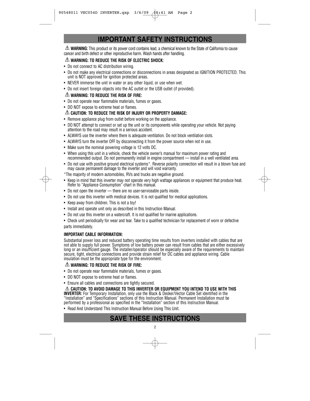 Vector VEC054D owner manual Important Safety Instructions, Important Cable Information 