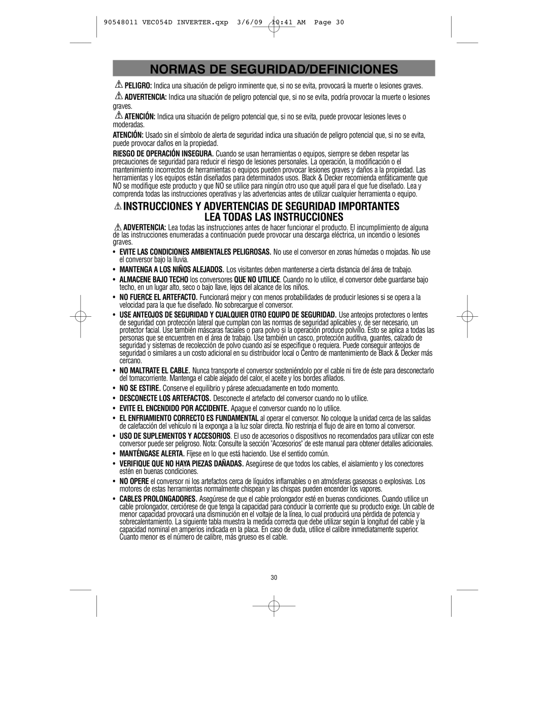 Vector VEC054D owner manual Normas DE SEGURIDAD/DEFINICIONES 