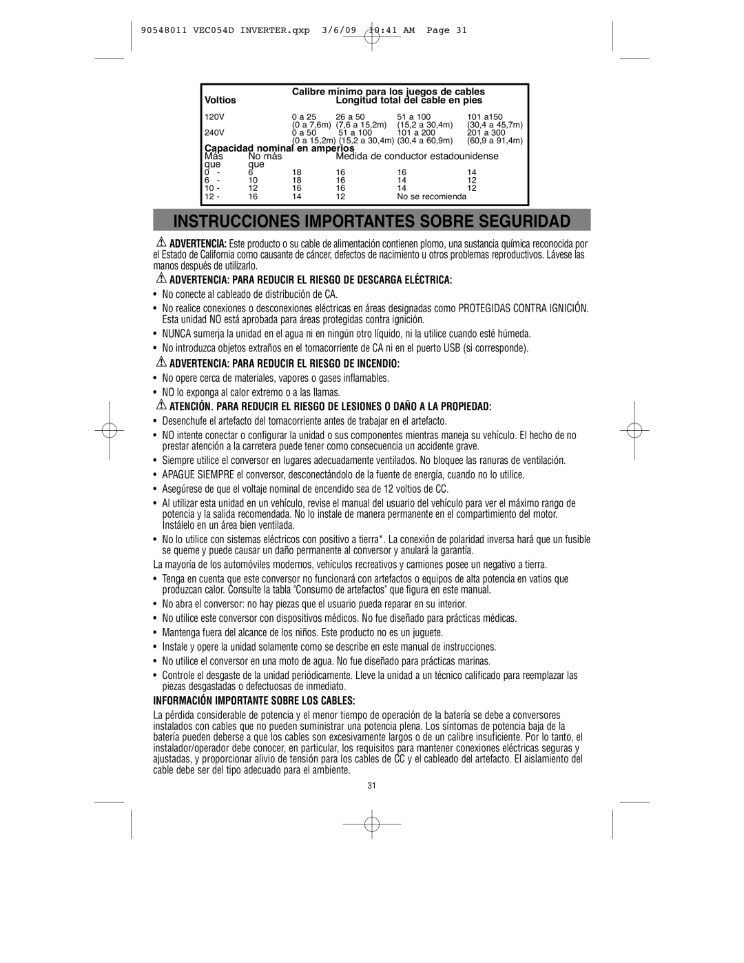 Vector VEC054D Instrucciones Importantes Sobre Seguridad, Advertencia Para Reducir EL Riesgo DE Descarga Eléctrica 