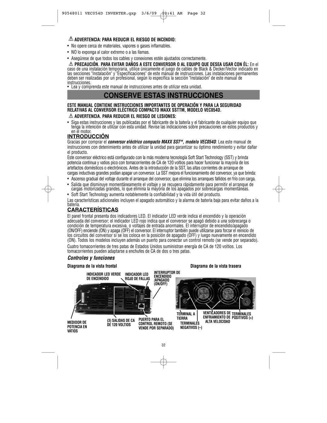 Vector VEC054D owner manual Conserve Estas Instrucciones, Introducción, Características, Controles y funciones 