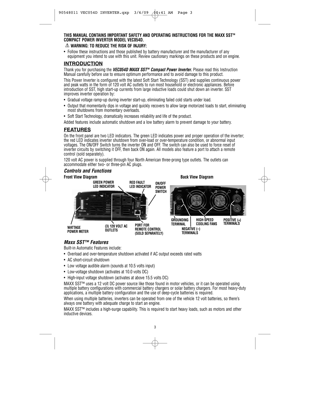 Vector VEC054D Introduction, Controls and Functions, Maxx SST Features, Front View Diagram Back View Diagram 