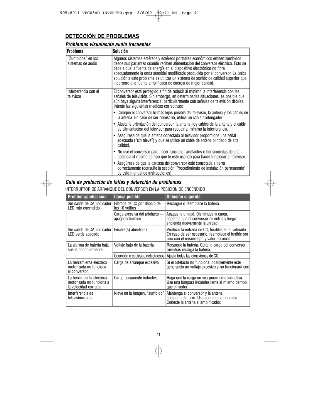 Vector VEC054D owner manual Detección DE Problemas, Problemas visuales/de audio frecuentes, Problema Solución 