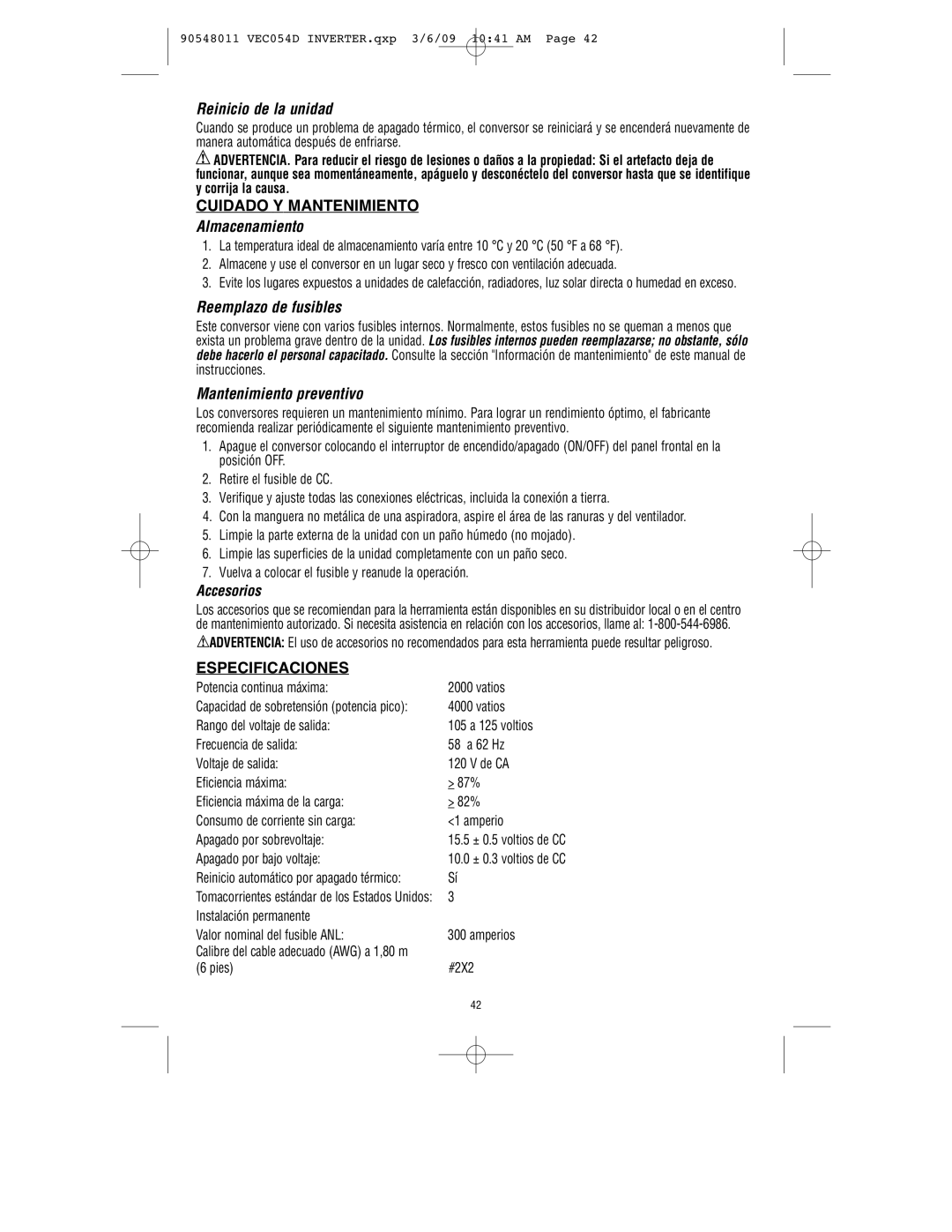 Vector VEC054D Reinicio de la unidad, Almacenamiento, Reemplazo de fusibles, Mantenimiento preventivo, Accesorios 