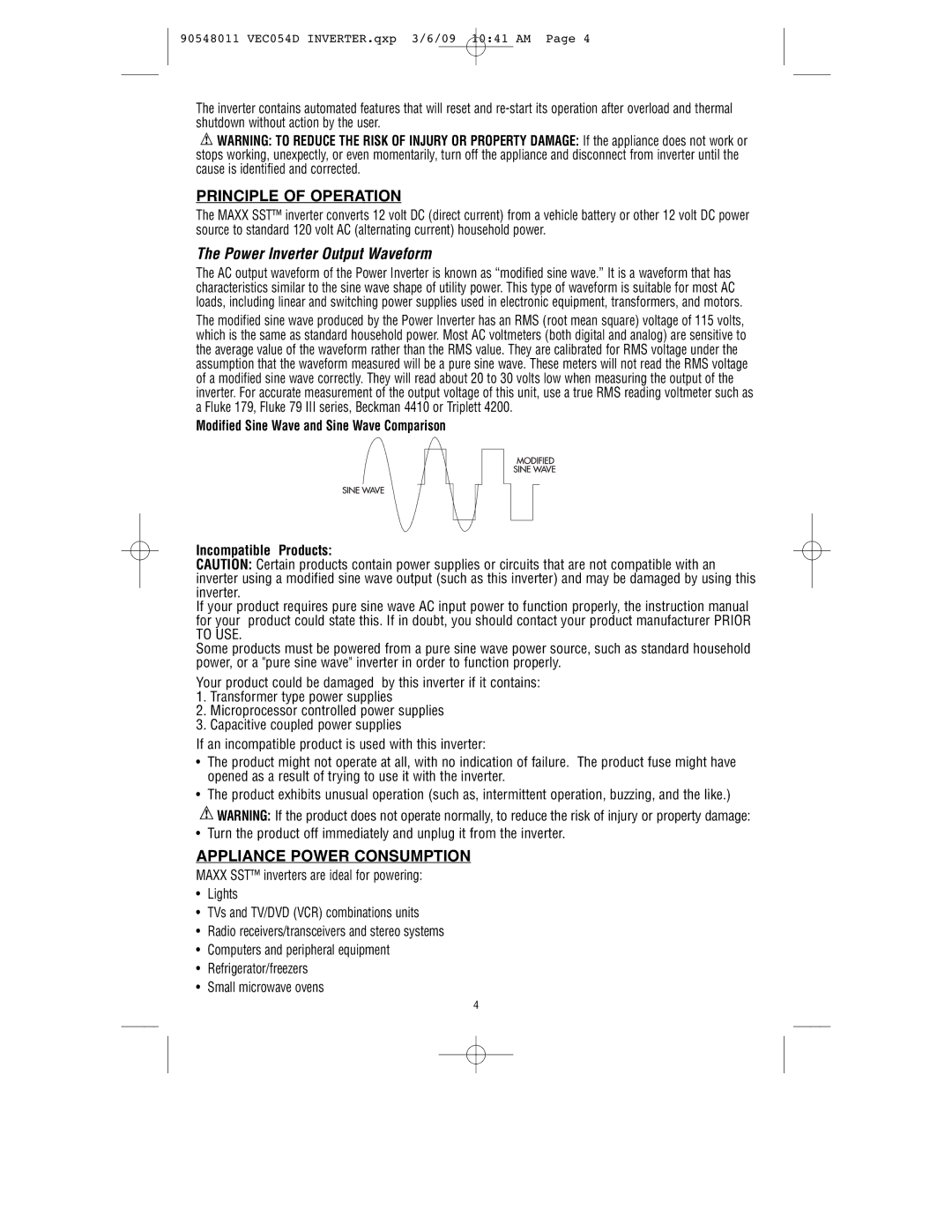 Vector VEC054D owner manual Principle of Operation, Power Inverter Output Waveform, Appliance Power Consumption 