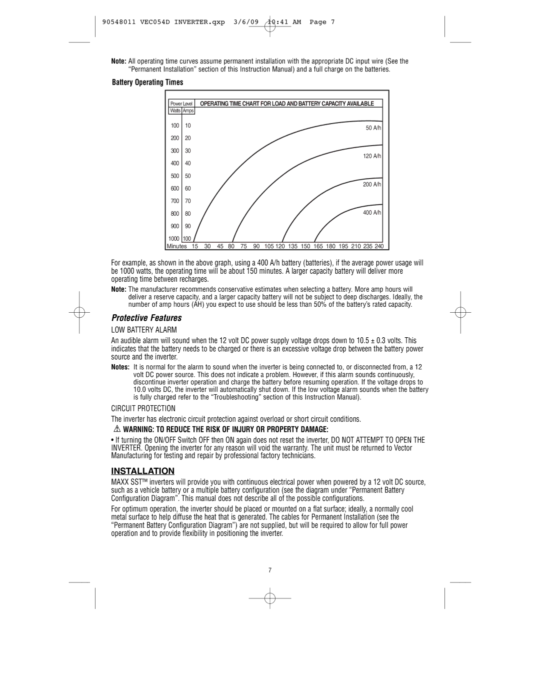 Vector VEC054D owner manual Protective Features, Installation, Battery Operating Times 