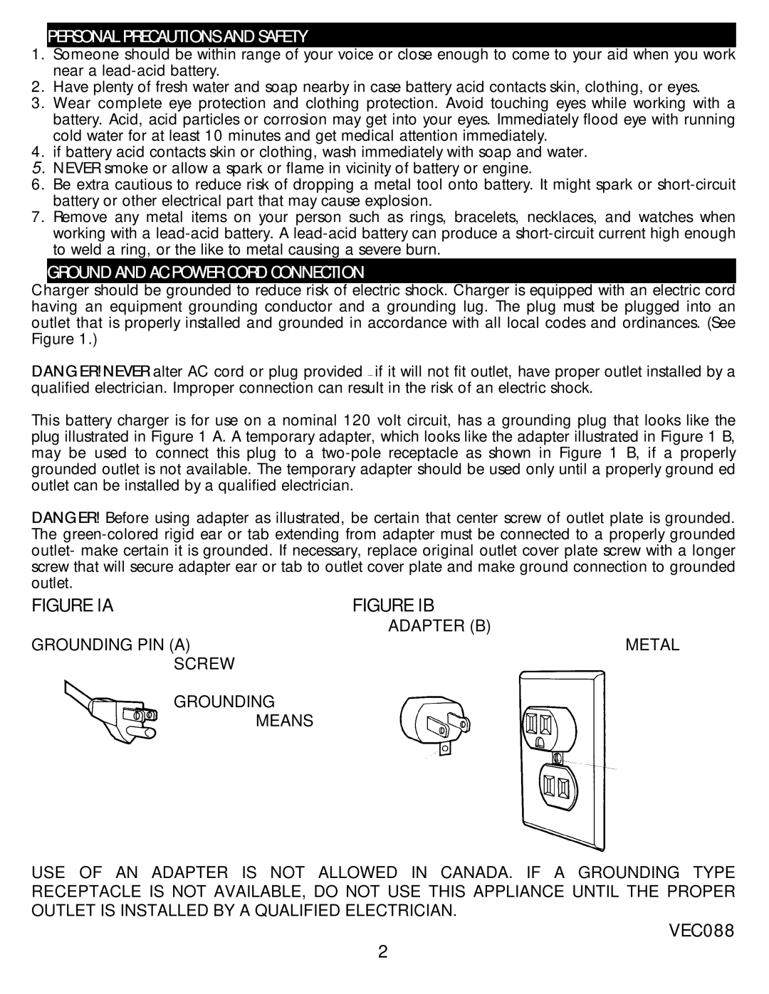 Vector VEC088, Automatic Battery Charger manual Personal Precautions and Safety, Ground and AC Power Cord Connection 